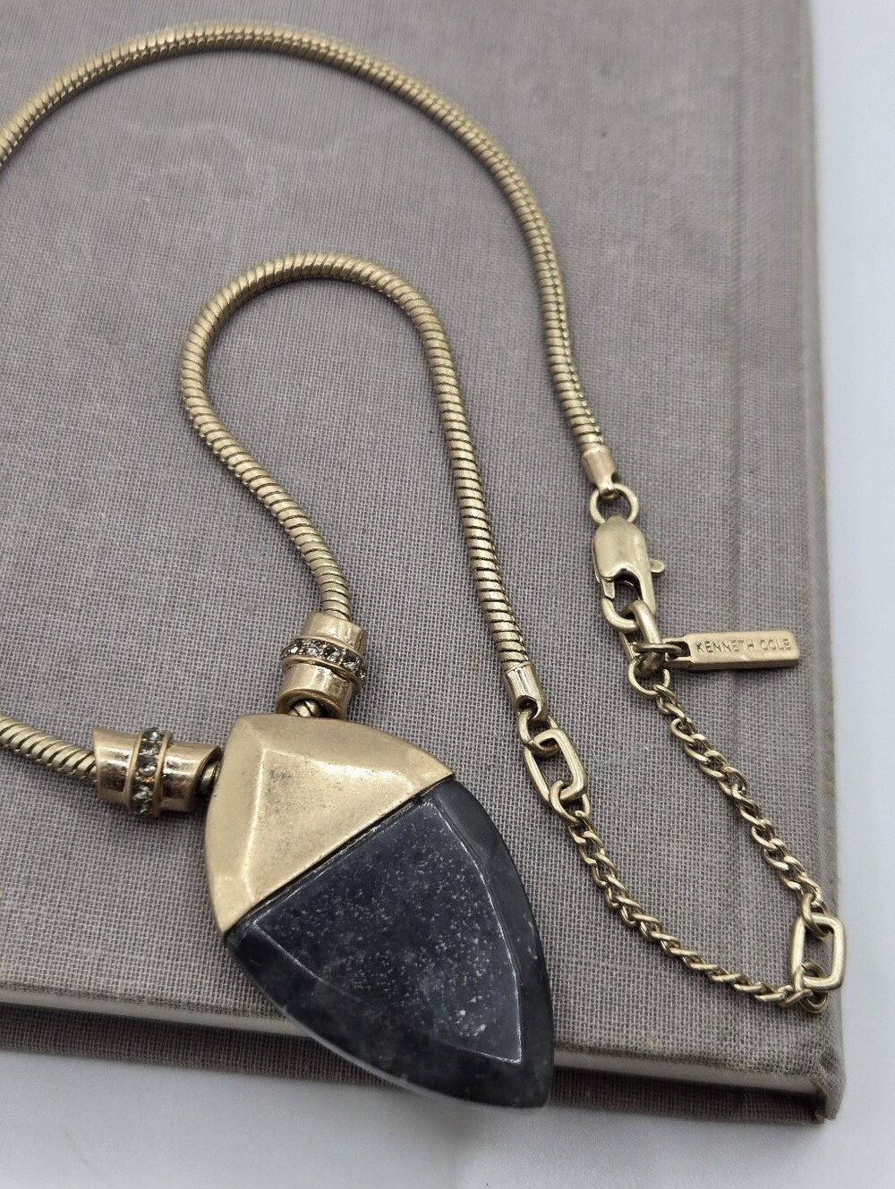 Green Stone Triangle Necklace Western Matte Gold Rope 19.5" Art Deco K. Cole